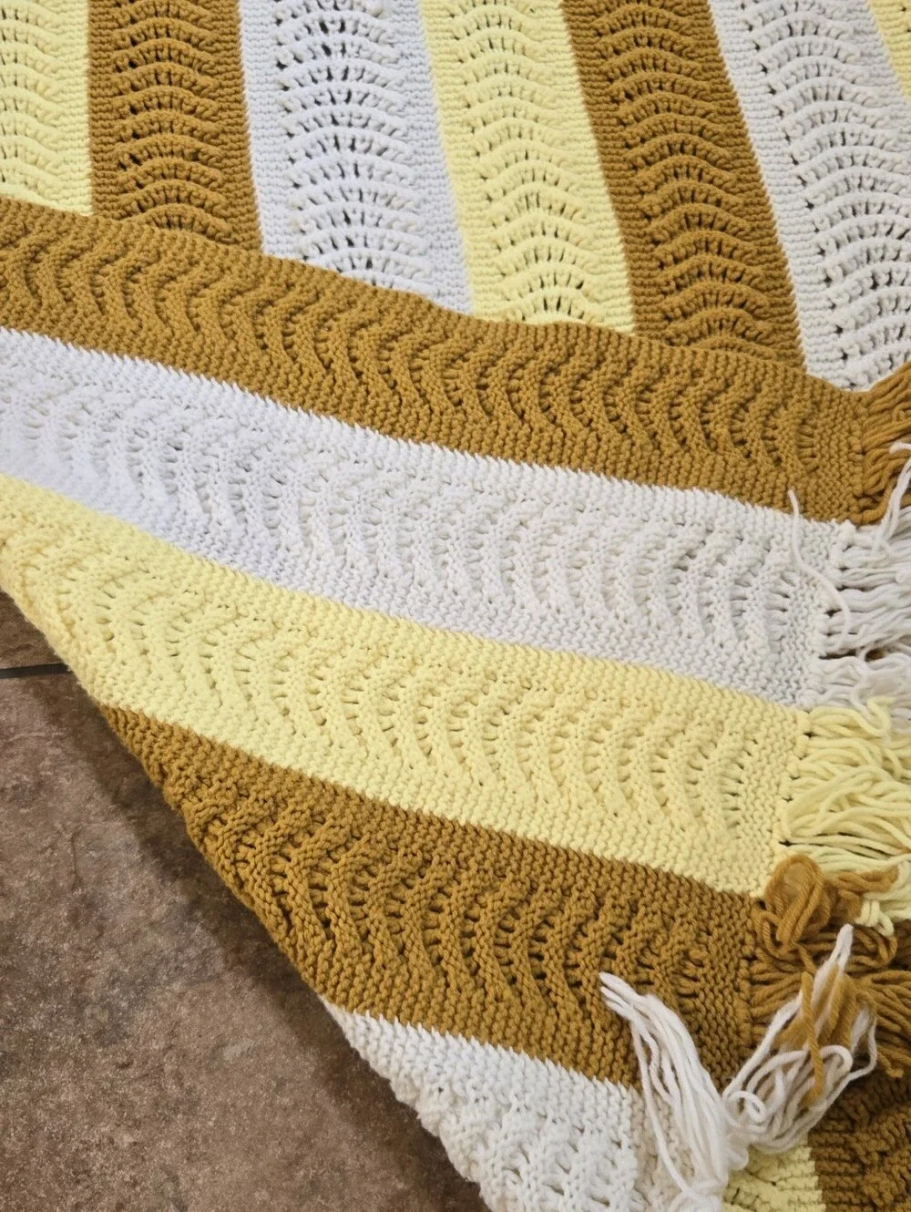 Striped Crochet Throw Blanket in Mustard, Yellow & White